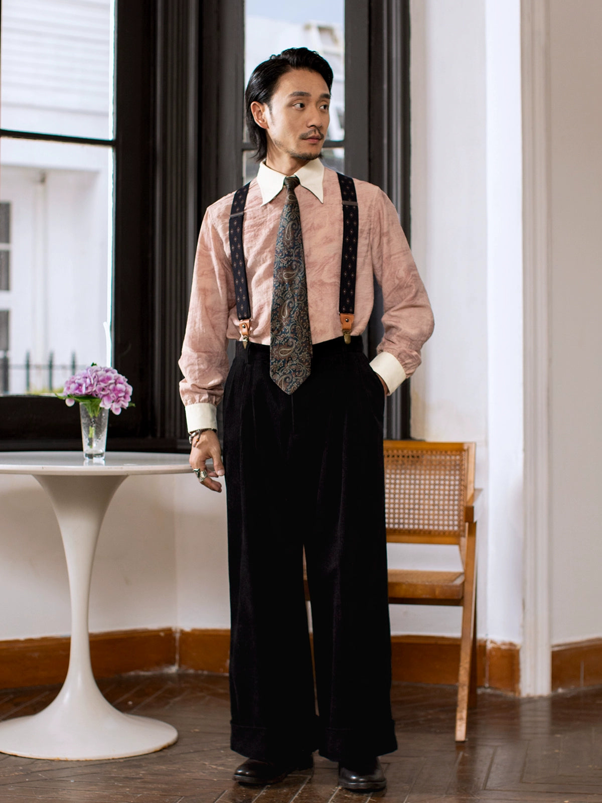 SOARIN 赫本风法式长尖领衬衫男 cleanfit中性风痞帅拼接长袖衬衣