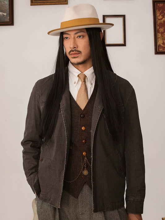 SOARIN【青果领】复古美式工装夹克外套男暗条纹短款飞行员茄克衫