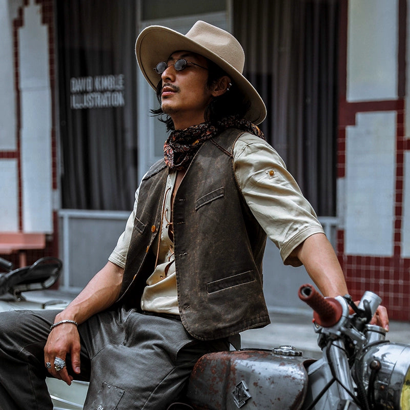 SOARIN复古美式西部风皮马甲男阿美咔叽做旧工装痞帅机车马夹背心