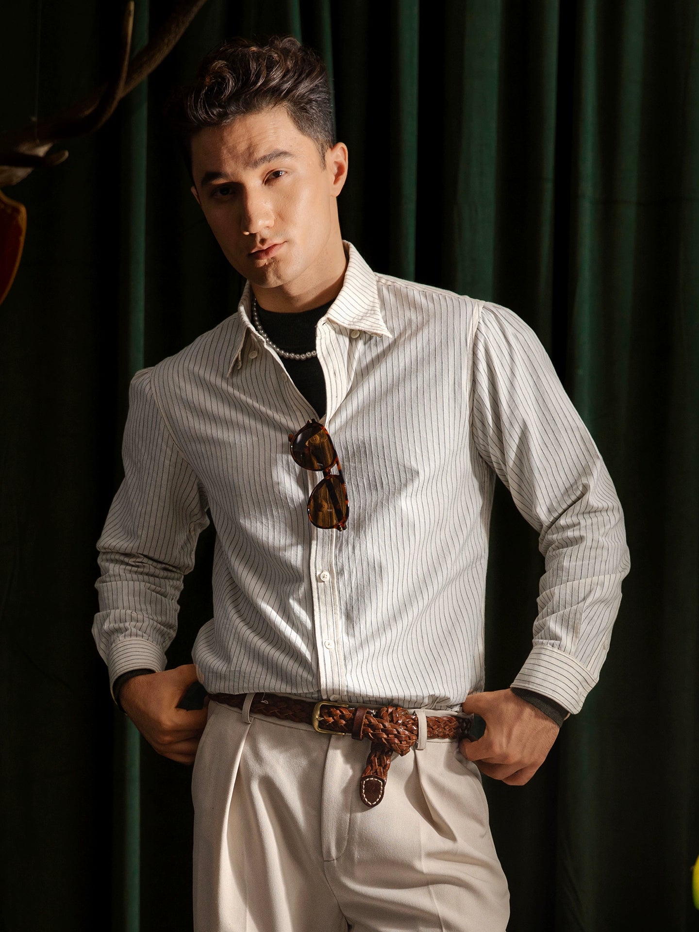 SOARIN英伦风复古细条纹西装衬衫男 轻奢高级感商务绅士长袖衬衣