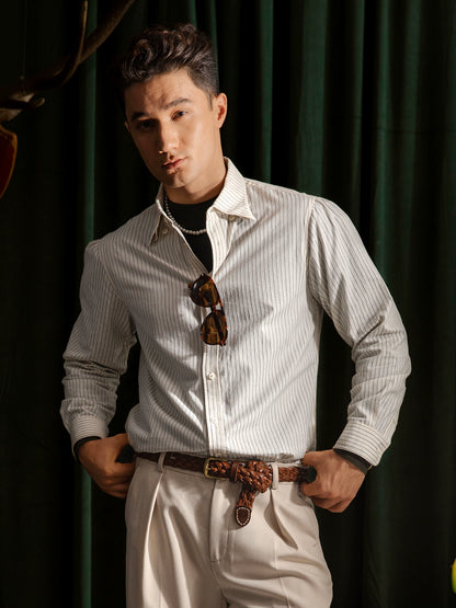 SOARIN英伦风复古细条纹西装衬衫男 轻奢高级感商务绅士长袖衬衣