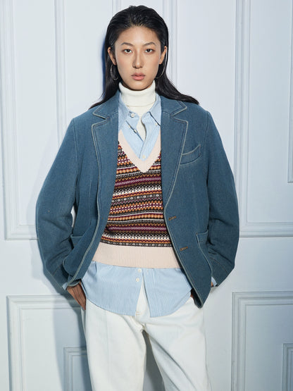 SOARIN复古老钱风牛仔西装外套男华夫格洗水蓝休闲青年痞帅单西服