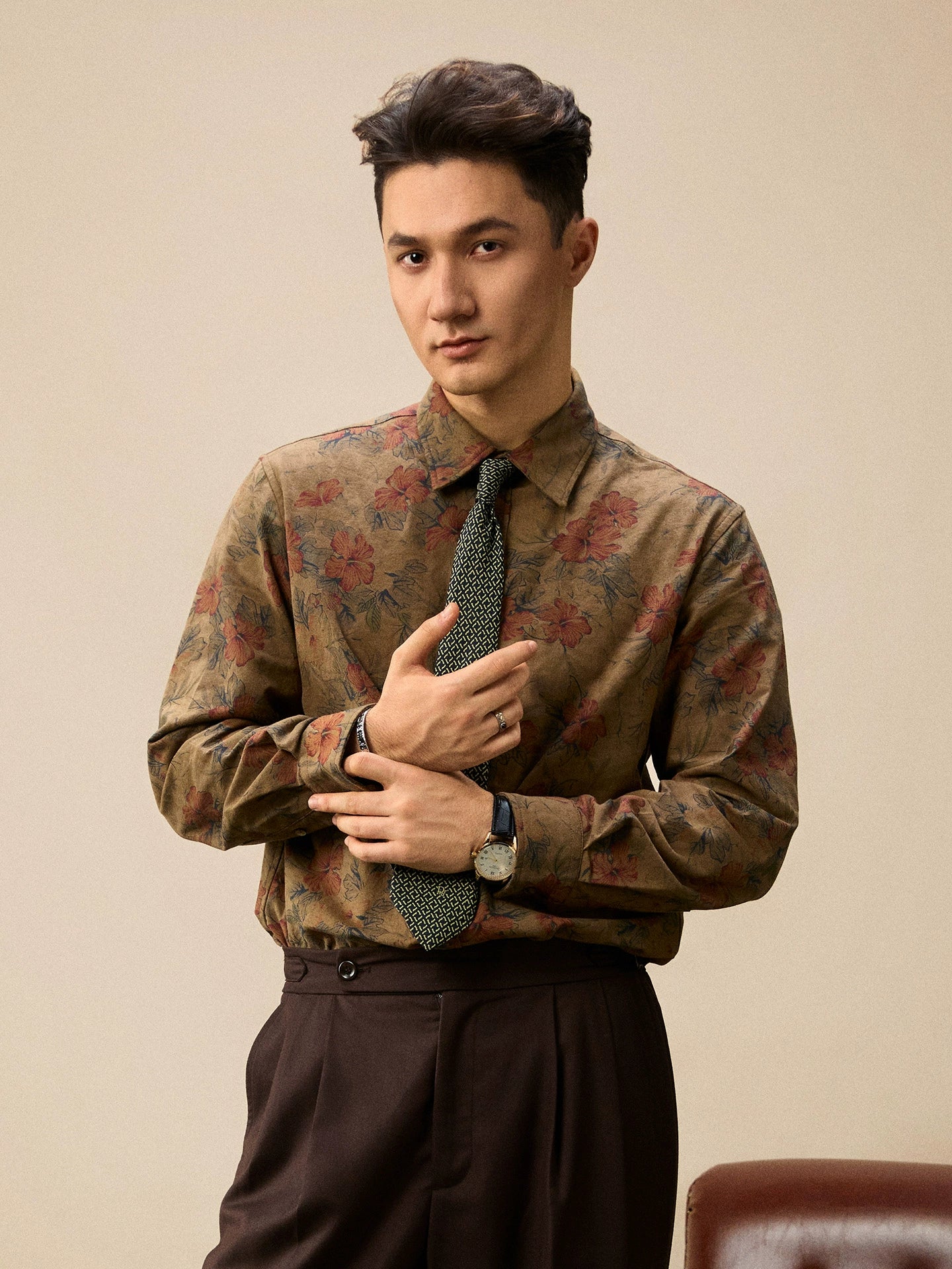 SOARIN复古老钱风印花长袖衬衫男高级感法式休闲雅痞玫瑰碎花衬衣