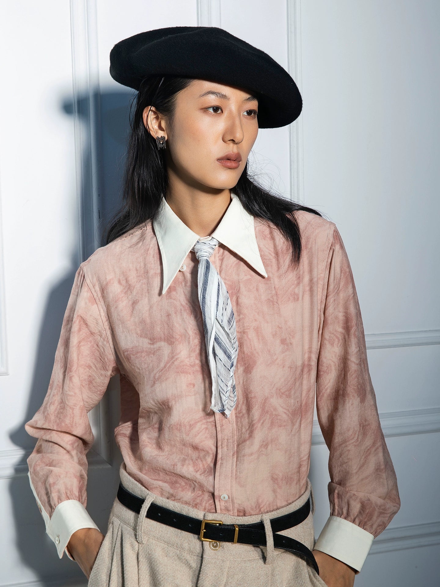 SOARIN 赫本风法式长尖领衬衫男 cleanfit中性风痞帅拼接长袖衬衣