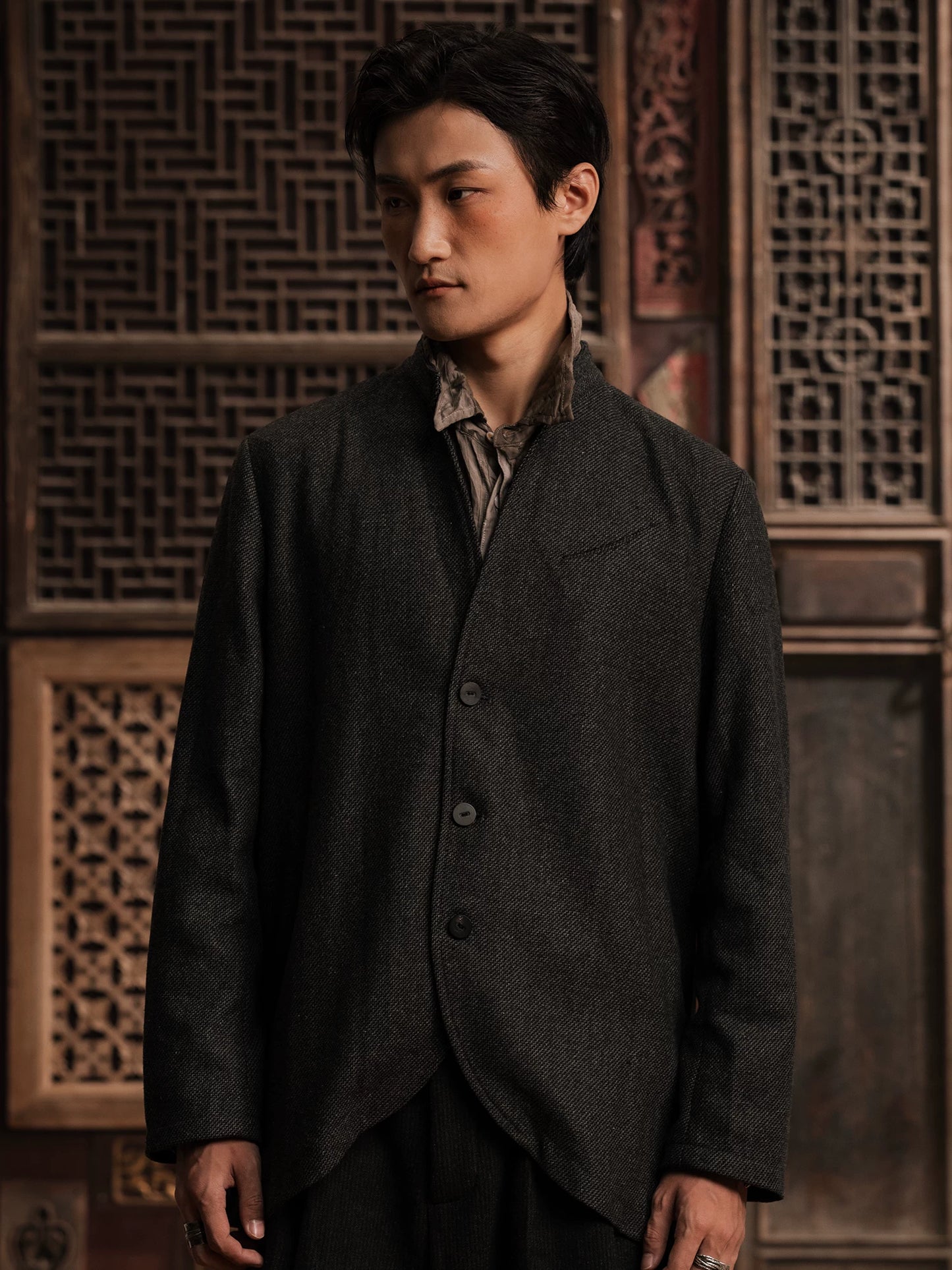 SOARIN WORLD Gai Yu Xia Heritage Series Relaxed Fit Wool Blend Stand Collar Jacket DCZ233TXZ46