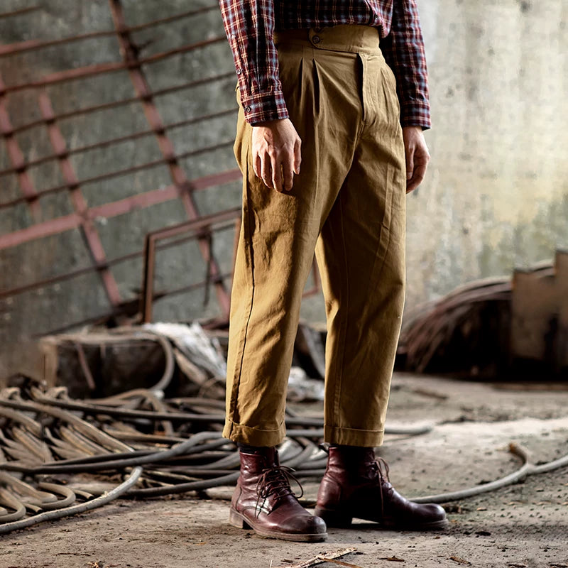 SOARIN Vintage British High-Waisted Pleated Cotton Chino Trousers YAOZ23321F106