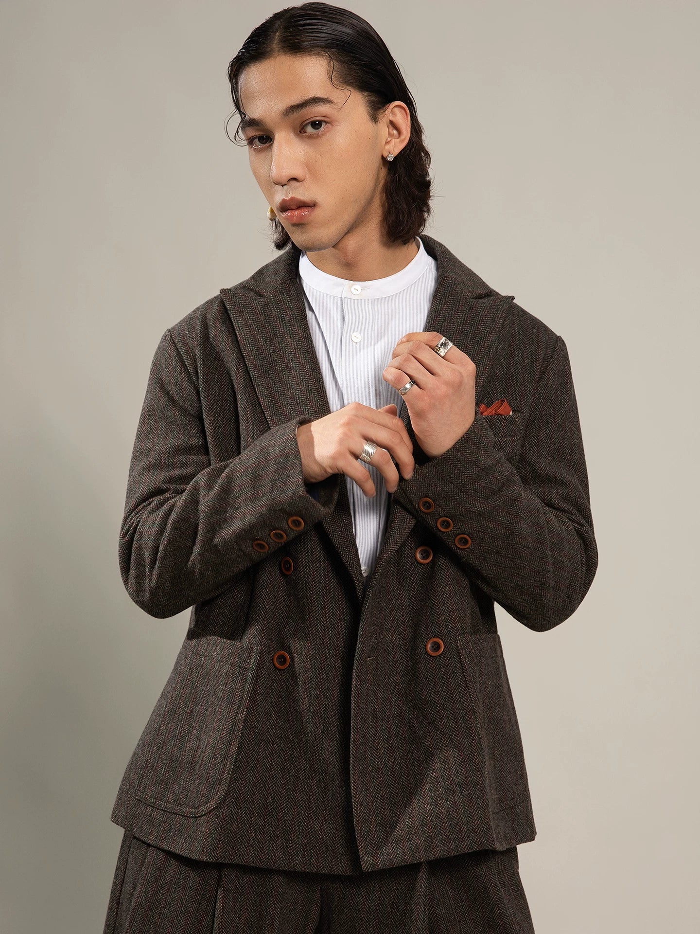 SOARIN British Gentleman Vintage Slim Fit Herringbone Wool Blend Double Breasted Suit Jacket  DCZ233TXZ21