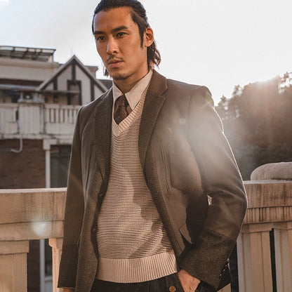 SOARIN英伦风复古羊毛西装外套男 Vintage拼接商务休闲毛呢单西服