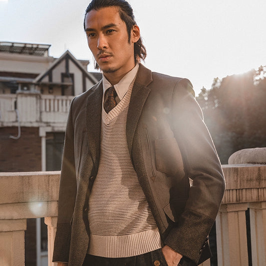 SOARIN英伦风复古羊毛西装外套男 Vintage拼接商务休闲毛呢单西服