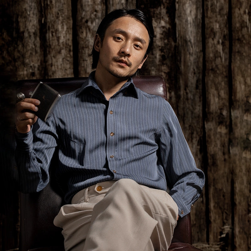 SOARIN英伦风高级感法式衬衫男复古雅痞免烫垂感西装条纹长袖衬衣