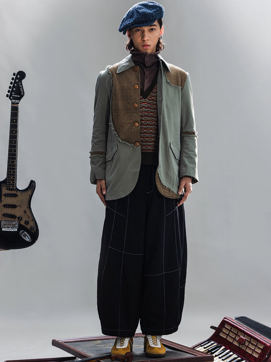SOARIN【解构设计】独立复古拼接西装外套男不规则毛边长款单西服