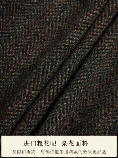 SOARIN British Gentleman Vintage Slim Fit Herringbone Wool Blend Double Breasted Suit Jacket  DCZ233TXZ21