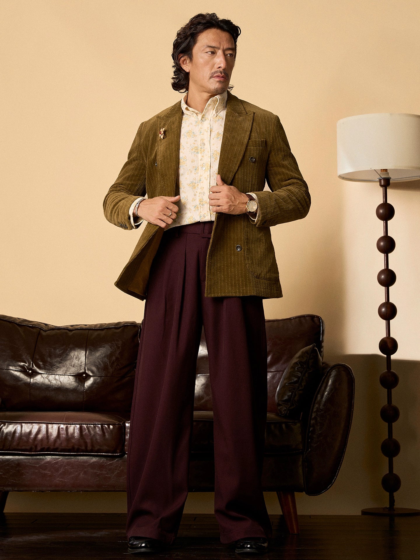 SOARIN英伦风复古灯芯绒西装外套男 老钱风双排扣条纹商务单西服