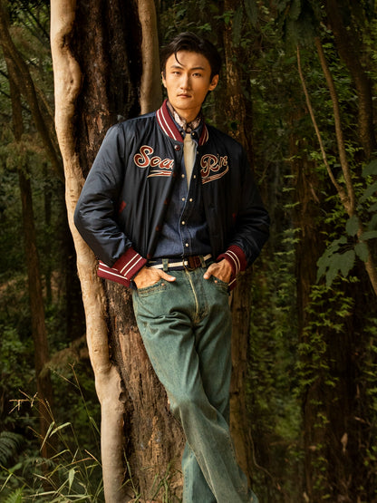SOARIN美式复古棒球服外套男 常青藤学院风休闲宽松刺绣棉服夹克