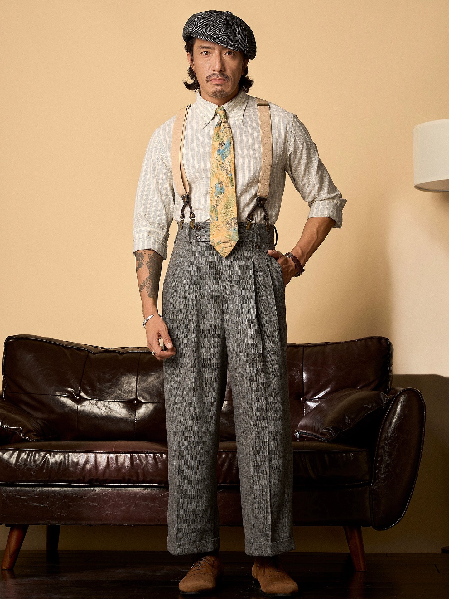 SOARIN英伦风复古毛呢西装裤男 冬季人字纹商务直筒休闲高腰长裤