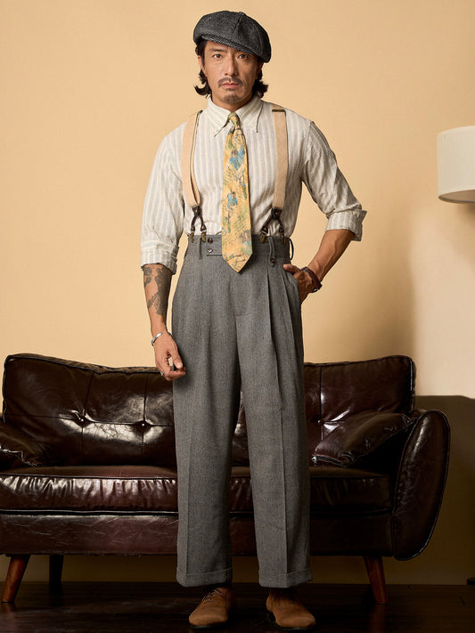 SOARIN英伦风复古毛呢西装裤男 冬季人字纹商务直筒休闲高腰长裤