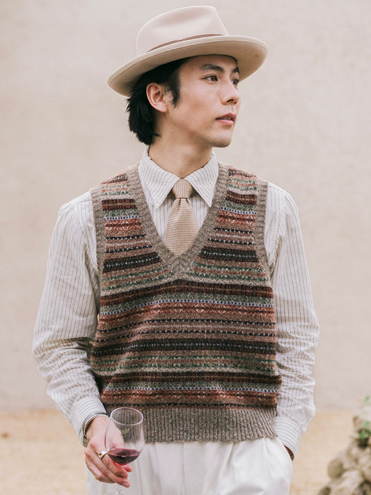 SOARIN英伦复古费尔岛毛衣背心男民族风叠穿保暖套头提花针织马甲