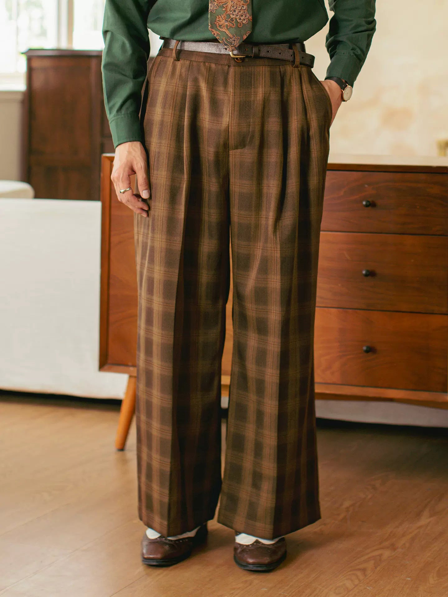 SOARIN British Vintage Wide Leg Plaid Stretch Trousers  JITZ253TF233