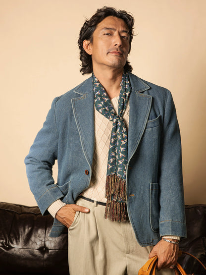 SOARIN复古老钱风牛仔西装外套男华夫格洗水蓝休闲青年痞帅单西服