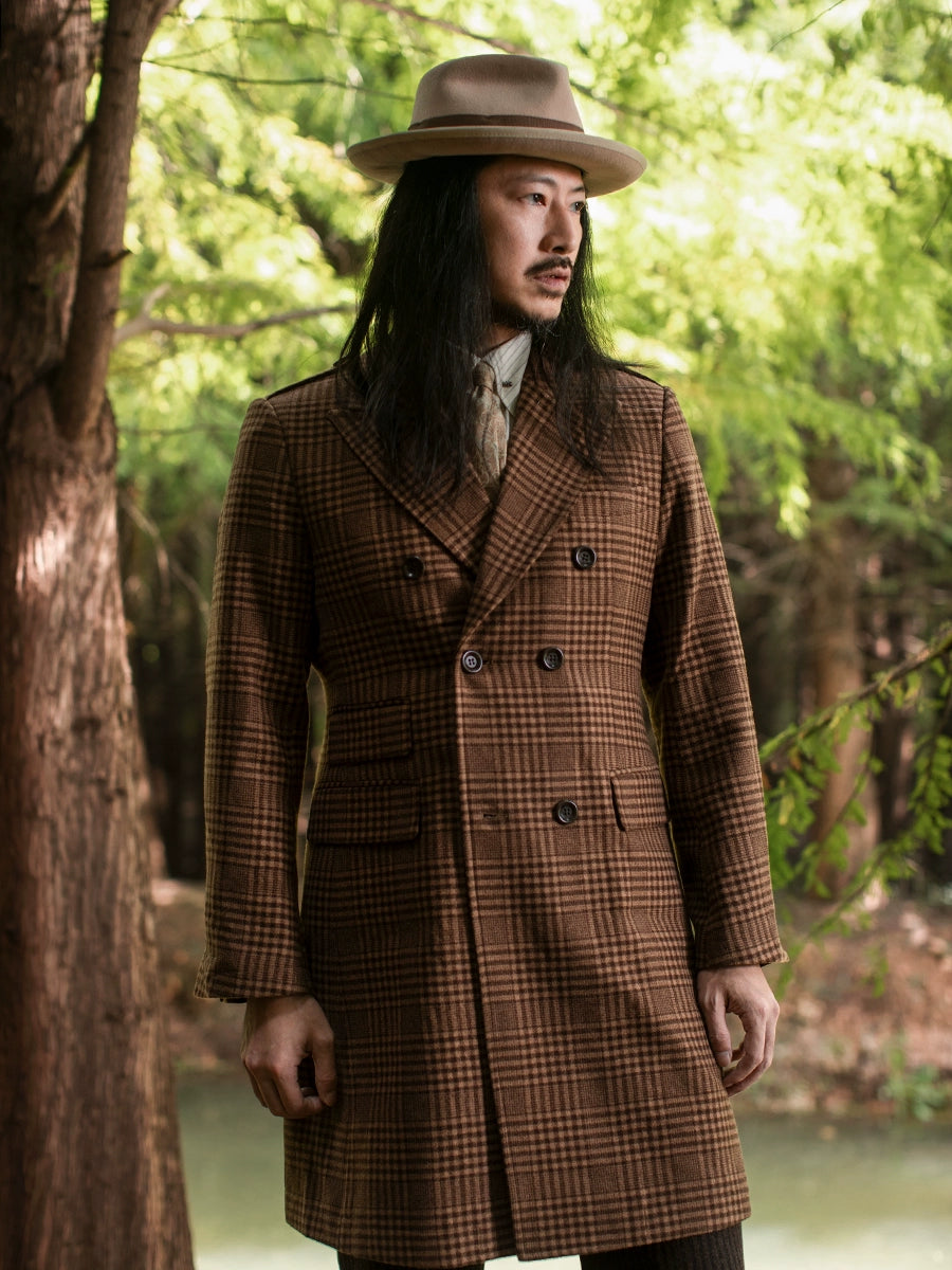 SOARIN英伦风复古格子双排扣大衣外套男 冬季中长款呢子马球风衣