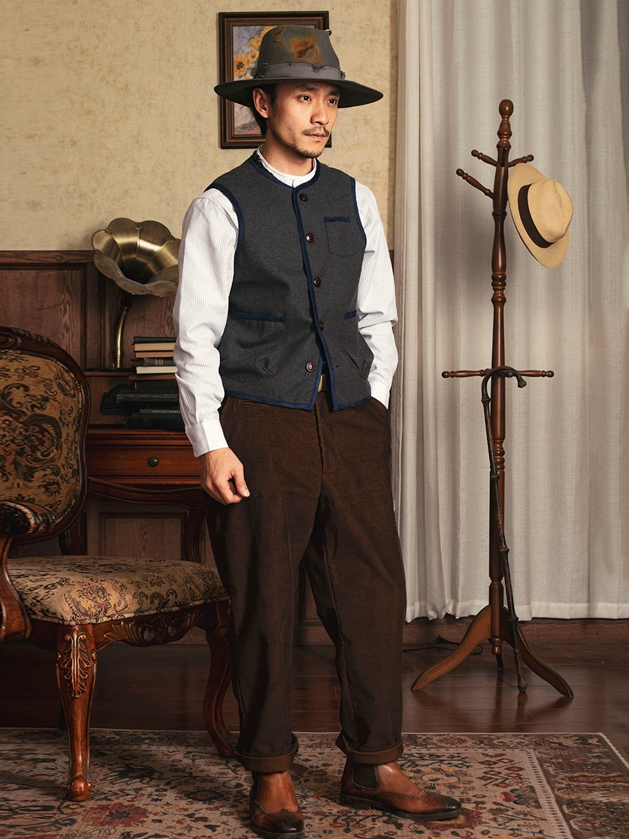 SOARIN美式复古羊毛马甲背心男 秋冬阿美咔叽工装毛呢子马夹坎肩