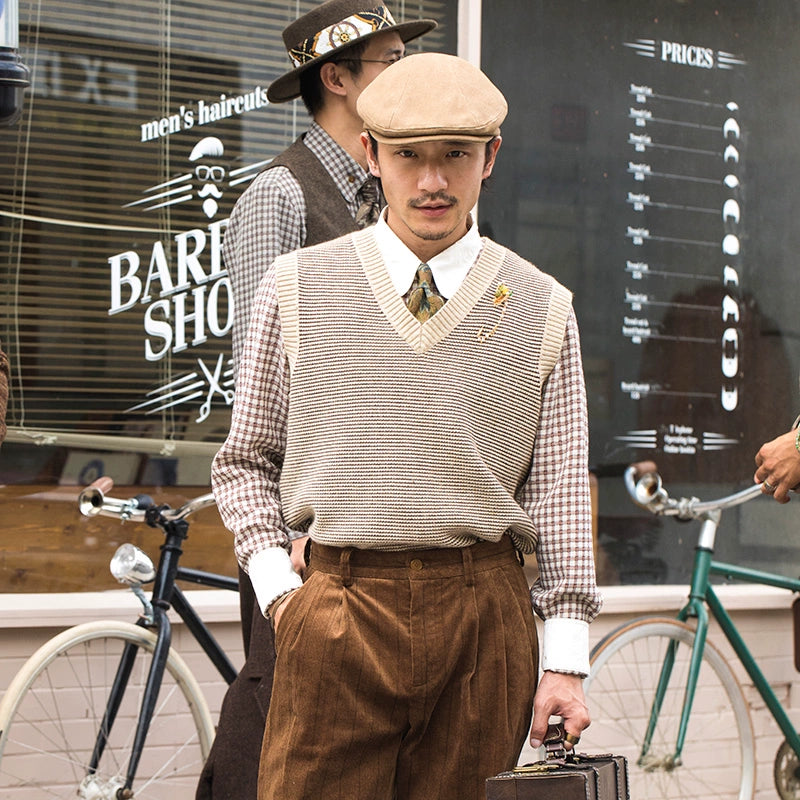 SOARIN英伦复古提花费尔岛毛衣马甲男 老钱风千鸟格提花针织背心