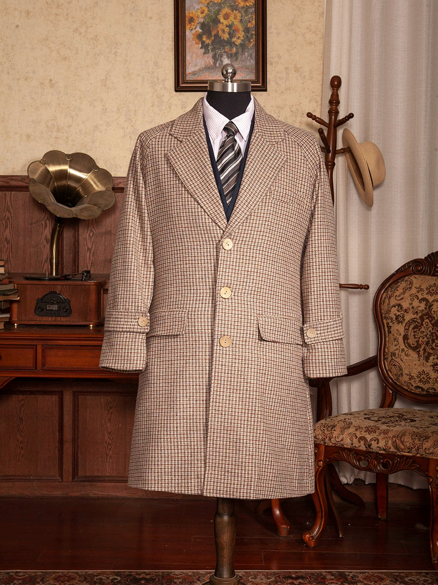 SOARIN英伦风复古千鸟格大衣外套男 秋冬格子羊毛呢子中长款风衣