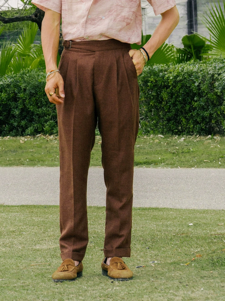 SOARIN复古意式那不勒斯西裤男 肌理纹高腰商务绅士通勤九分裤子