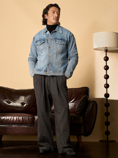 SOARIN美式复古重磅水洗牛仔夹克男 翻领双口袋做旧感工装外套