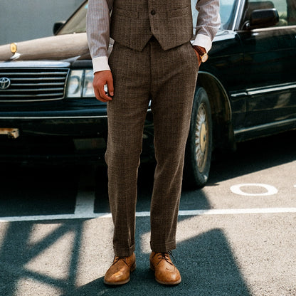 SOARIN英伦复古格子西装裤男士 商务休闲修身九分裤格纹直筒裤子