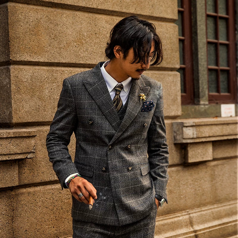 SOARIN British Retro Relaxed Fit Windowpane Plaid Woolen Double-Breasted Suit Jacket   DY63XZ12