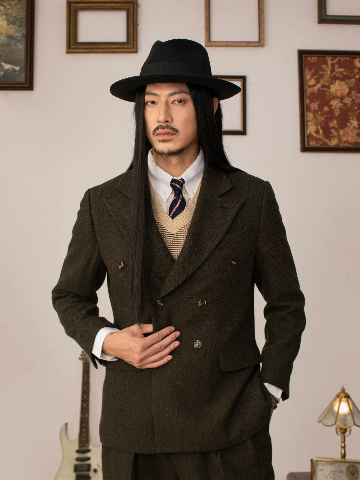 SOARIN英伦复古双排扣西装外套男戗驳领人字纹毛呢商务休闲单西服