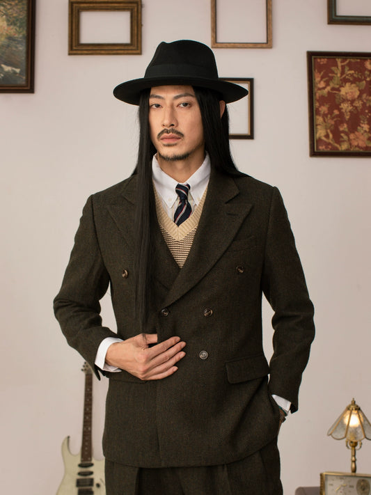 SOARIN英伦复古双排扣西装外套男戗驳领人字纹毛呢商务休闲单西服