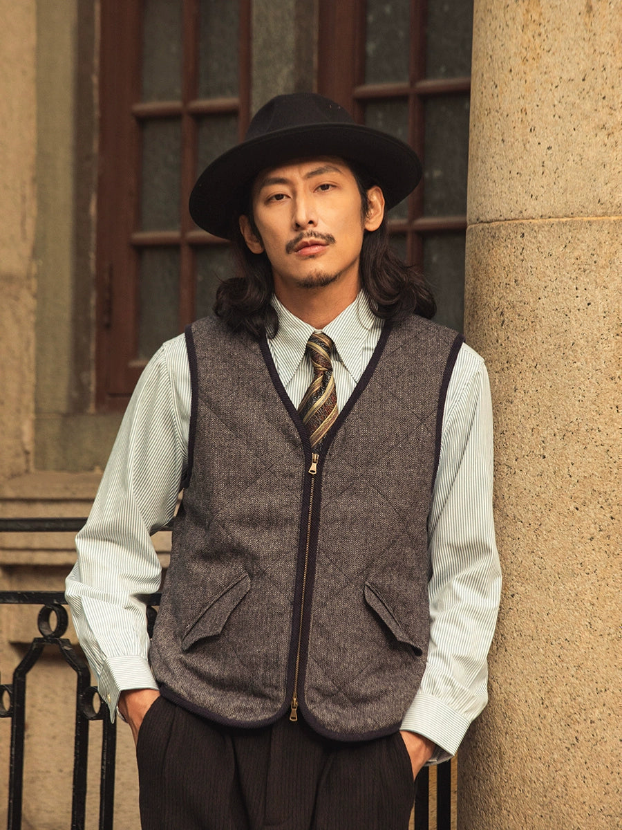 SOARIN英伦风复古菱形格羊毛西装马甲男 冬季人字纹棉服马夹背心