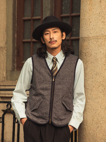 SOARIN英伦风复古菱形格羊毛西装马甲男 冬季人字纹棉服马夹背心