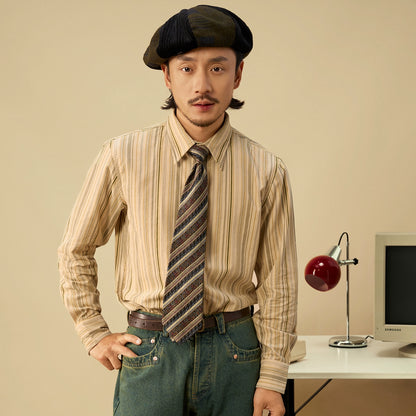 SOARIN英伦风复古纯棉条纹长袖衬衫男高级感商务休闲修身西装衬衣