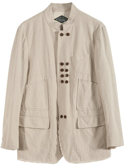 SOAIRN独立复古立领棉麻西装外套男 新中式双排扣毛边休闲单西服