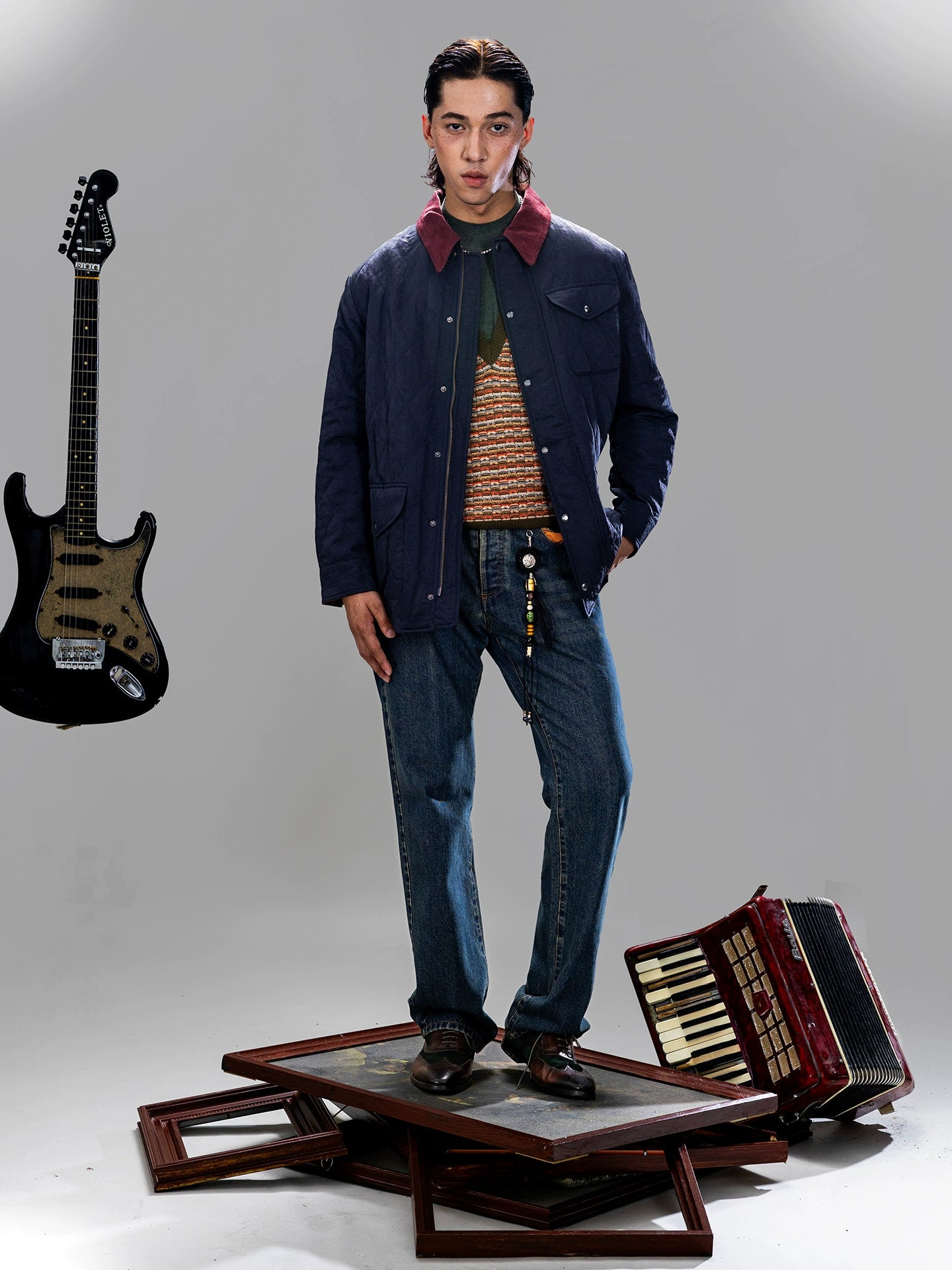 SOARIN美式复古菱形格中长款棉服外套男 阿美咔叽拼接冲锋衣夹克