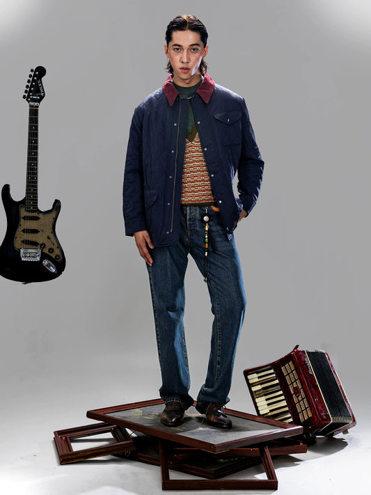 SOARIN美式复古菱形格中长款棉服外套男 阿美咔叽拼接冲锋衣夹克