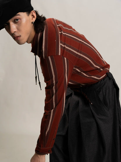 SOARIN美式复古红色大条纹长袖衬衫男阿美咔叽西部风休闲工装衬衣