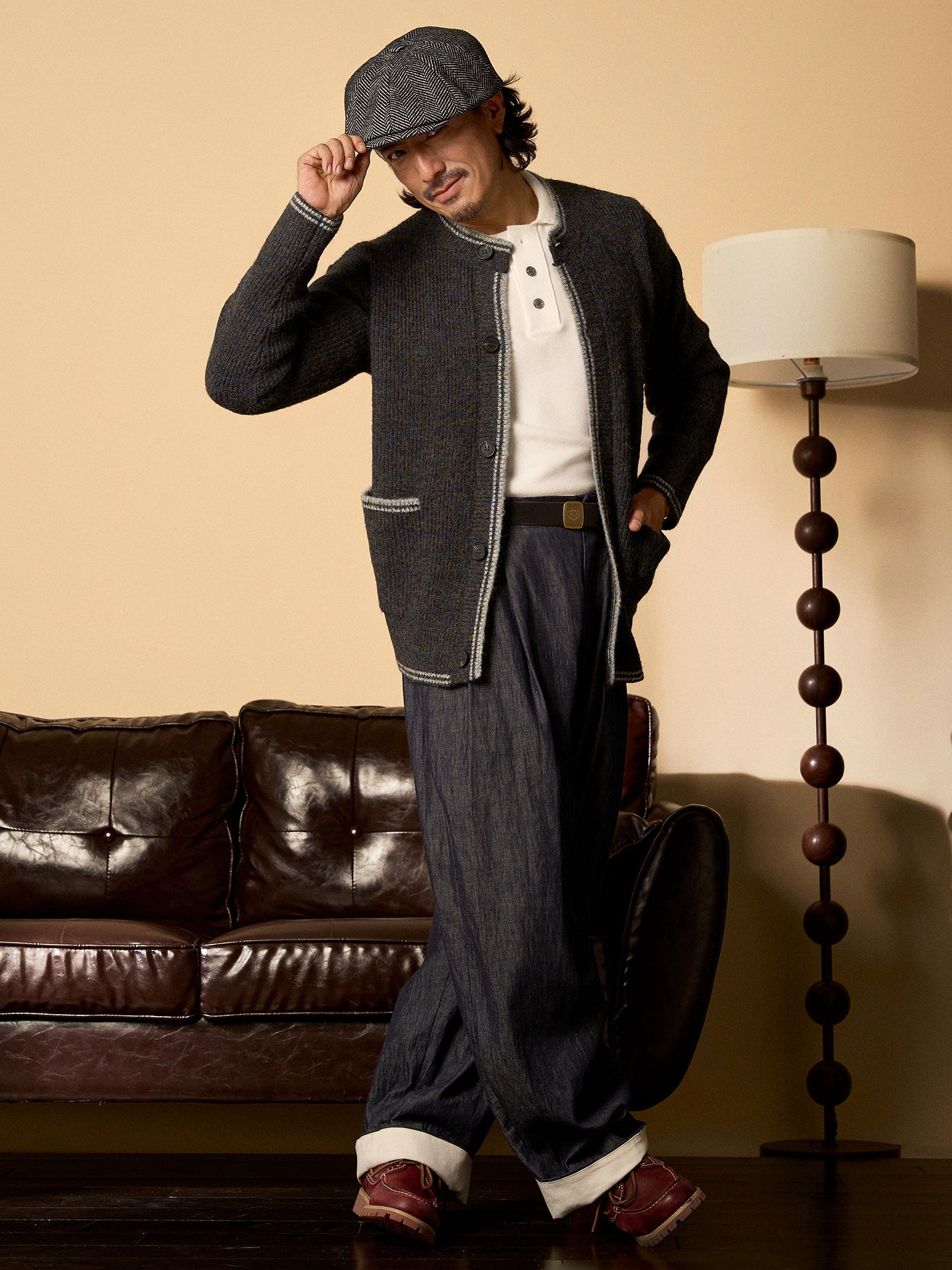 SOARIN英伦风复古圆领针织开衫男 撞色慵懒风休闲宽松毛衣外套冬