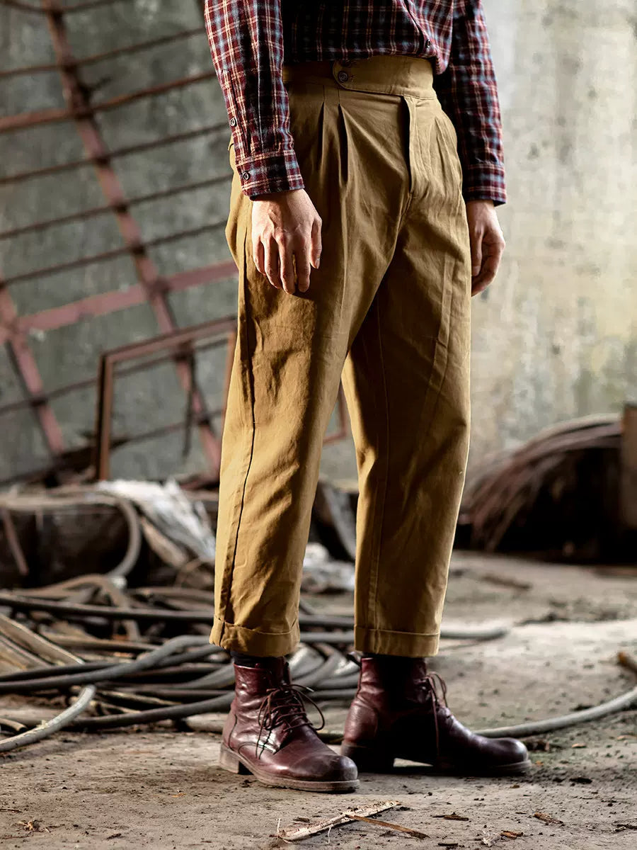 SOARIN Vintage British High-Waisted Pleated Cotton Chino Trousers YAOZ23321F106