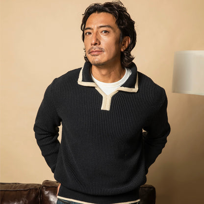 SOARIN意式那不勒斯翻领针织毛衣男高级感绅装商务休闲坑条毛线衣