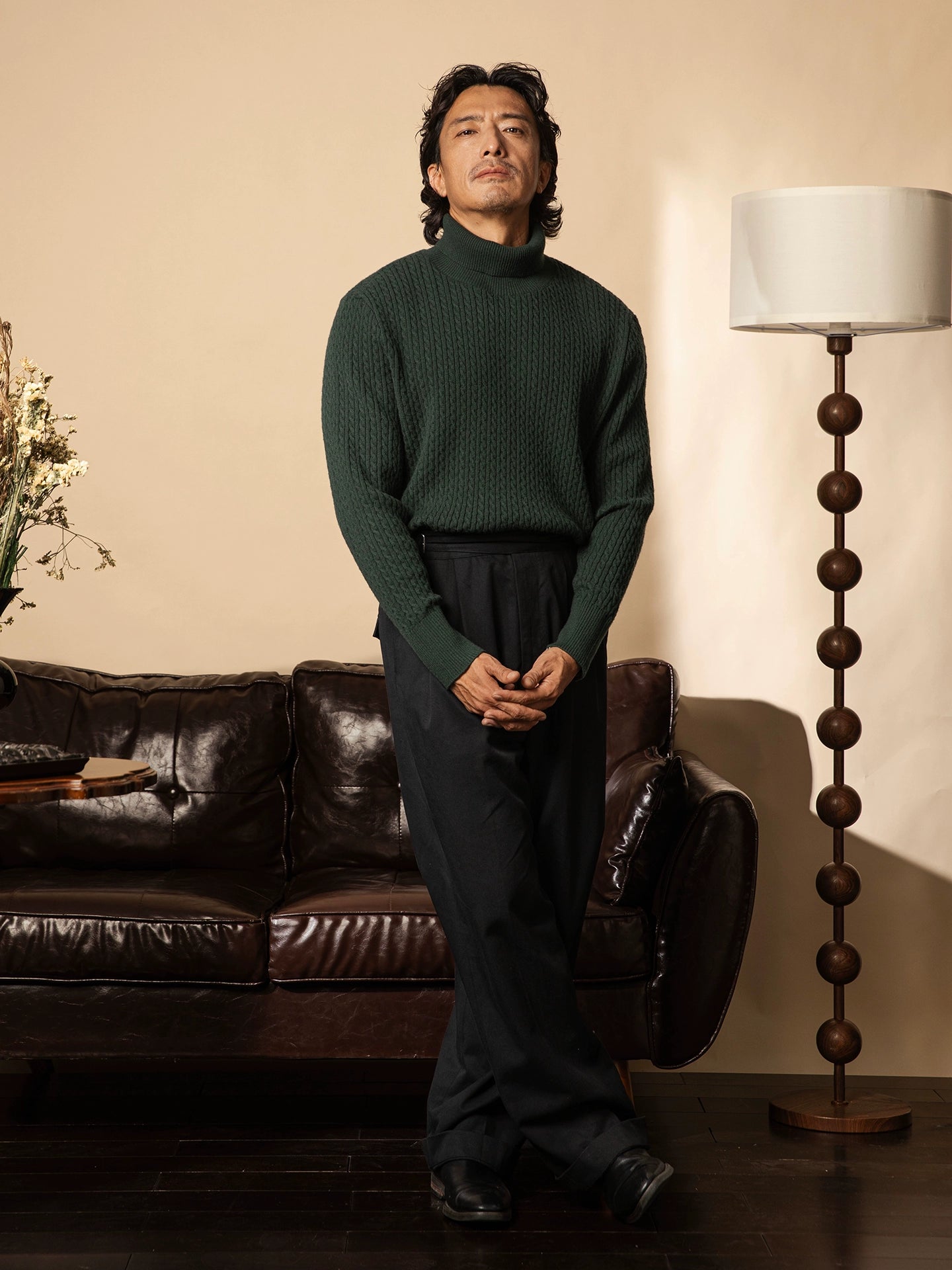 SOARIN英伦风复古高领针织毛衣男  老钱风重磅休闲打底坑条毛线衣