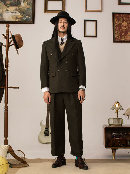 SOARIN英伦复古双排扣西装外套男戗驳领人字纹毛呢商务休闲单西服