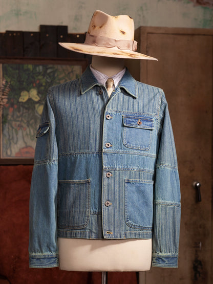 SOARIN美式复古拼接牛仔夹克男 阿美咔叽多口袋功能工装条纹外套