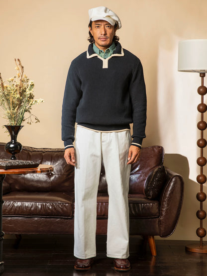 SOARIN意式那不勒斯翻领针织毛衣男高级感绅装商务休闲坑条毛线衣