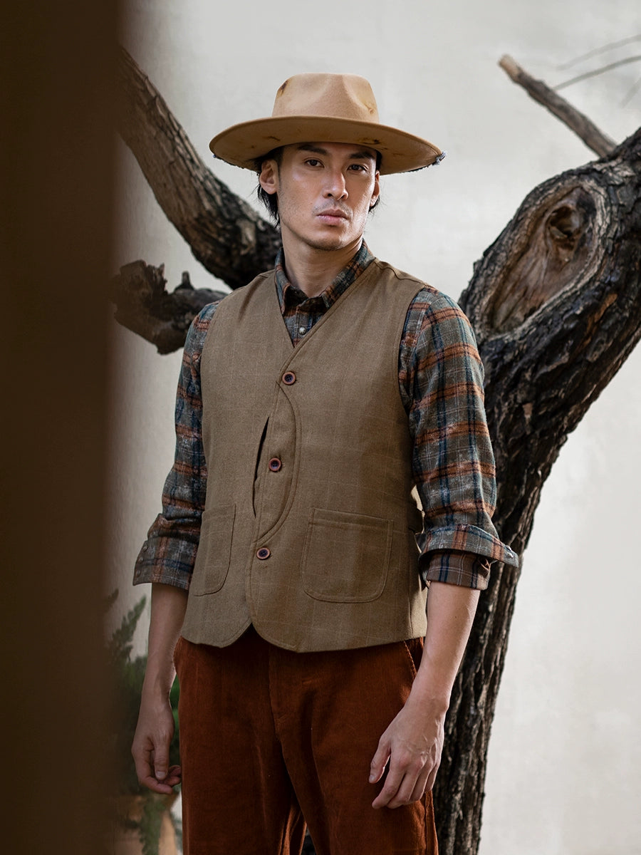 SOARIN美式复古格子马甲背心男 阿美咔叽休闲工装格纹西装马夹冬