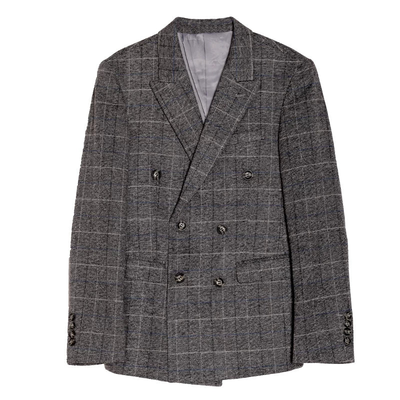 SOARIN British Retro Relaxed Fit Windowpane Plaid Woolen Double-Breasted Suit Jacket   DY63XZ12