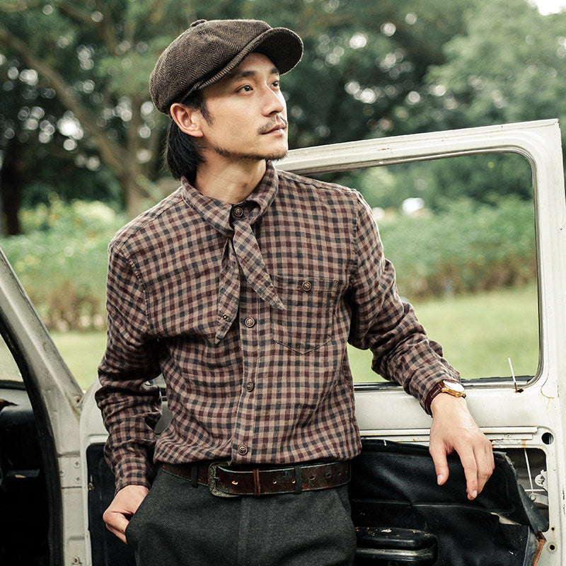 SOARIN Regular Fit Vintage Plaid Linen Tie Neck Long Sleeve Shirt Z83C56